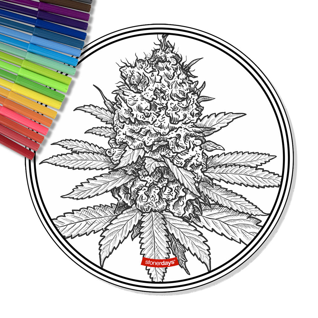 StonerDays Beautiful Buds Creativity Mat with detailed cannabis illustration, 1/4" thick rubber