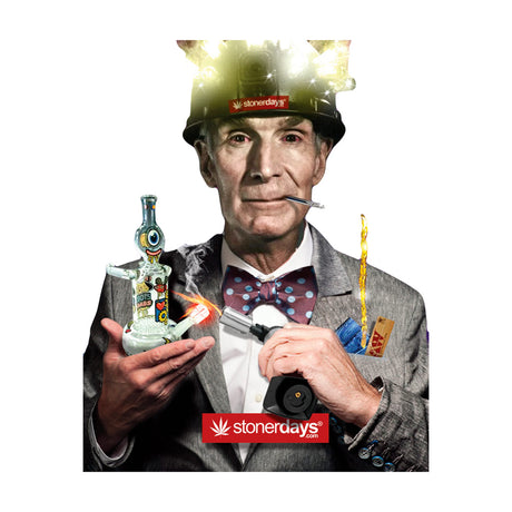 StonerDays Bill Nye themed dab mat with vibrant cosmic background, 8" diameter, front view