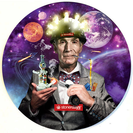 StonerDays Bill Nye-themed 8" Dab Mat with cosmic background, perfect for bongs and concentrates