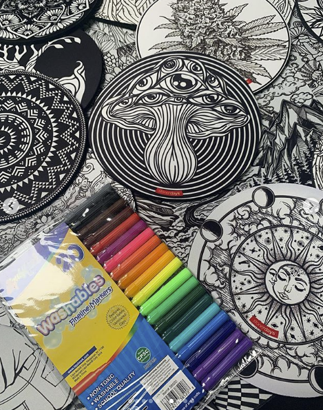 StonerDays Creativity Mats with colorful markers, showcasing various artistic designs for dab rigs