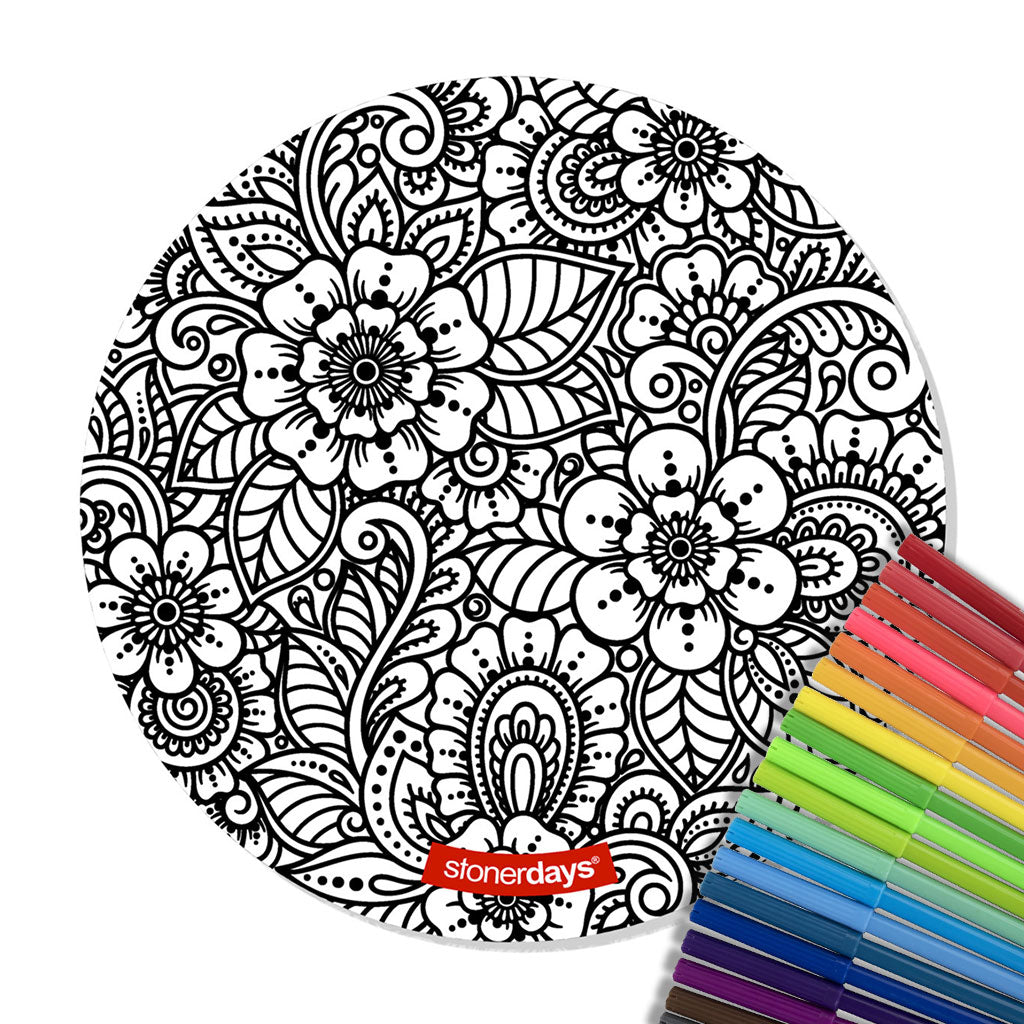 StonerDays Dank Daisies Creativity Mat with vibrant markers, top view on white background