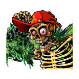 StonerDays Dont Panic Greens Tee graphic close-up, skeleton with cannabis and red hat