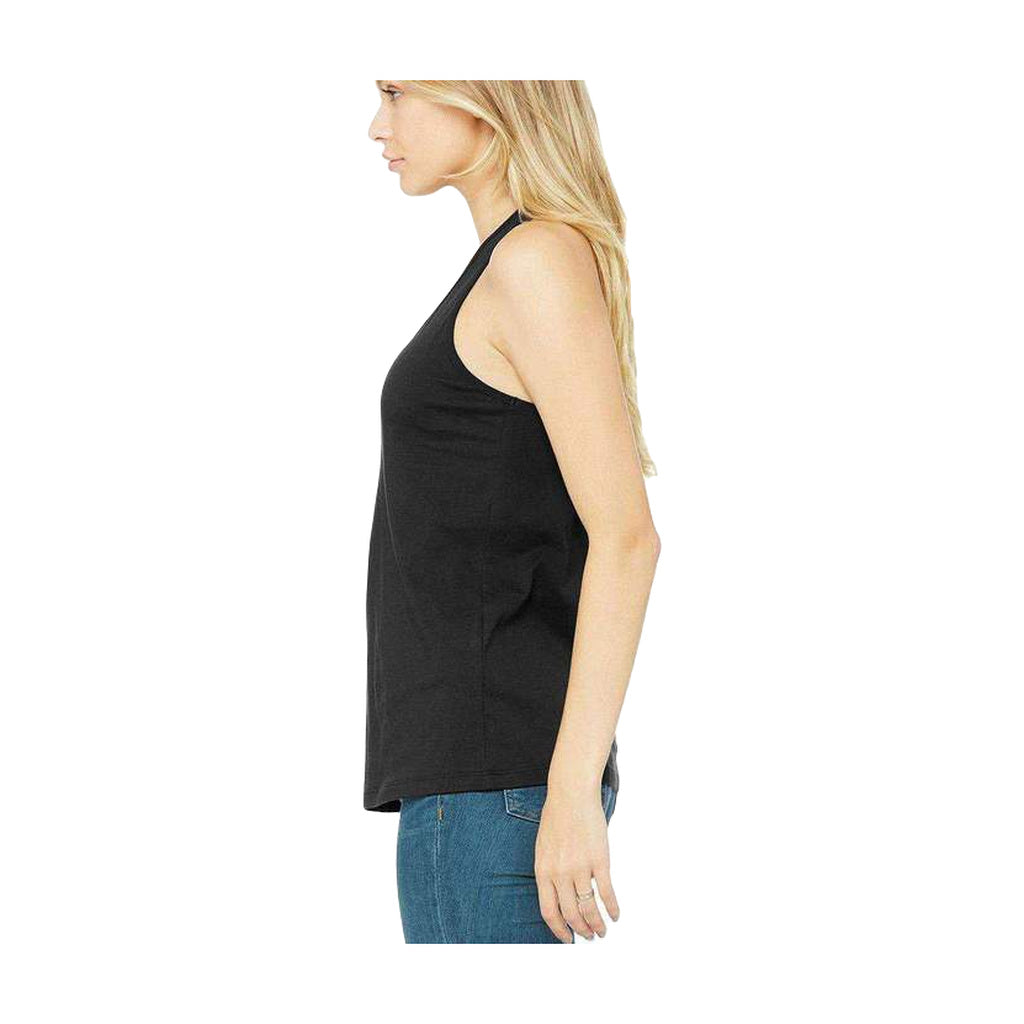 Side view of a woman wearing StonerDays Enjoy Tie Dye Racerback tank top in black