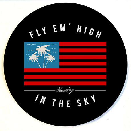 StonerDays Fly Em High Dab Mat, 8" round, blue and red with palm design, made in USA, top view