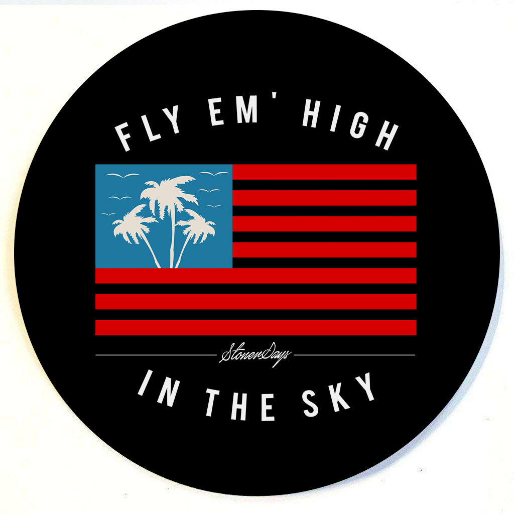 StonerDays Fly Em High Dab Mat, 8" round, blue and red with palm design, made in USA, top view