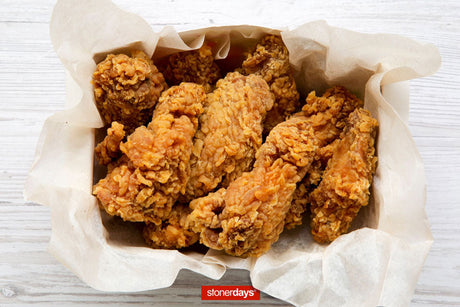 StonerDays Fried Chicken Dab Mat, polyester material, 1/4" thick, top view on white wood