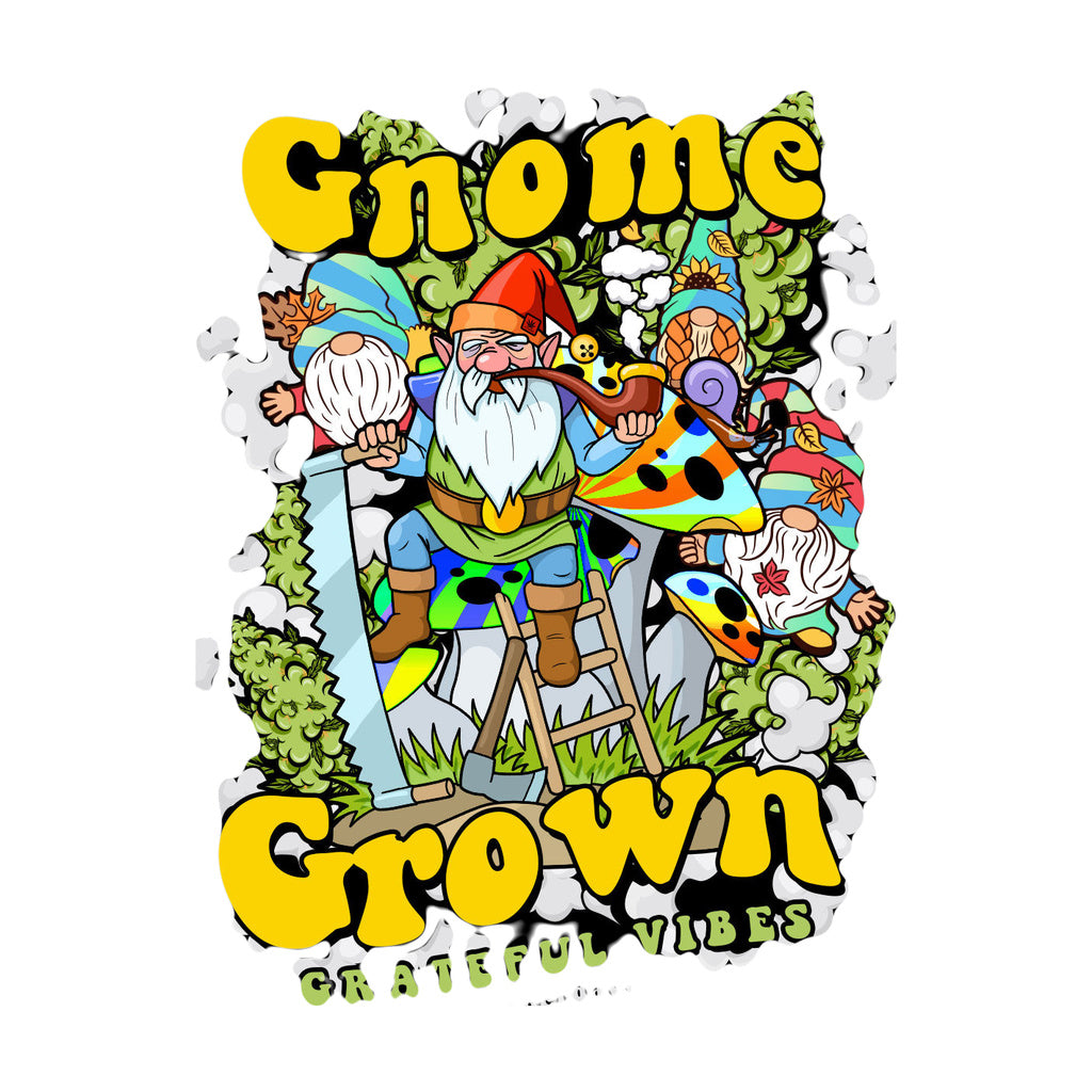 StonerDays Gnome Grown Crop Top Hoodie design featuring colorful gnomes and cannabis leaves