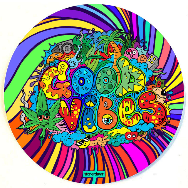 StonerDays Good Vibes Drip Dab Mat, colorful rubber silicone mat for bongs and concentrates, top view