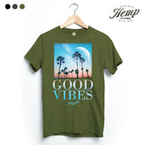 StonerDays Good Vibes Hemp Tee in Herb Green with Retro Palm Design, Front View