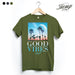 StonerDays Good Vibes Hemp Tee in Herb Green with Retro Palm Design, Front View