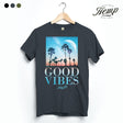 StonerDays Good Vibes Throwback Hemp Tee in Smoke Grey, front view on hanger