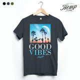 StonerDays Good Vibes Throwback Hemp Tee in Smoke Grey, front view on hanger