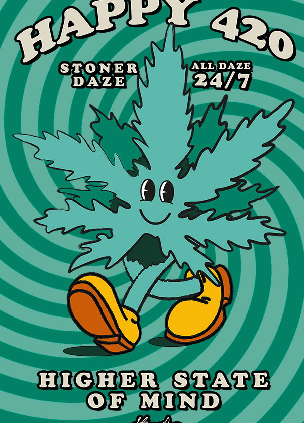 StonerDays Happy 420 Dab Mat featuring a cartoon cannabis leaf, front view on a striped background