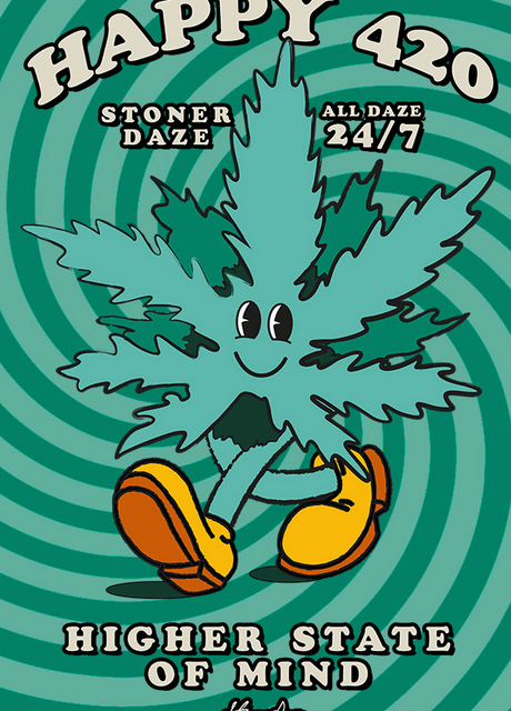 StonerDays Happy 420 Dab Mat featuring a cartoon cannabis leaf, front view on a striped background