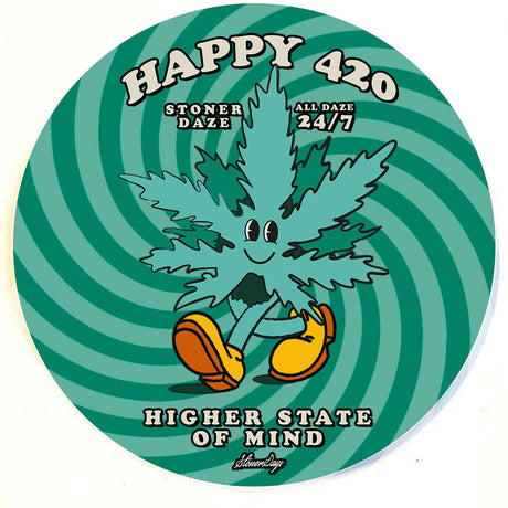 StonerDays Happy 420 8" Round Dab Mat with cartoon cannabis leaf design, top view