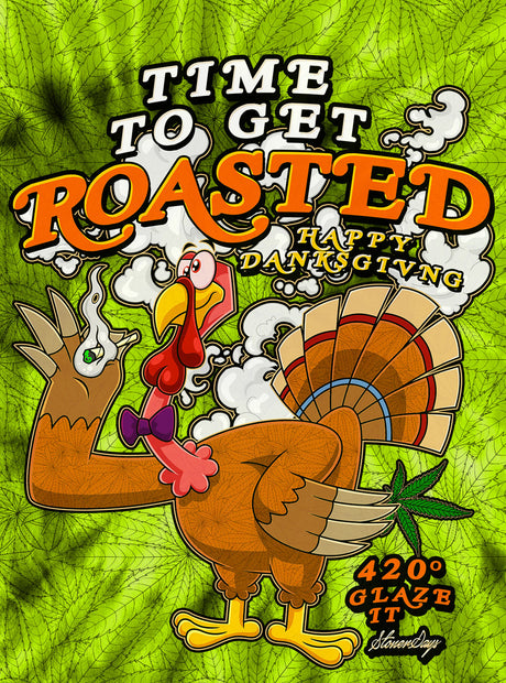 StonerDays Happy Danksgiving Dab Mat with cartoon turkey and cannabis leaves, vibrant colors