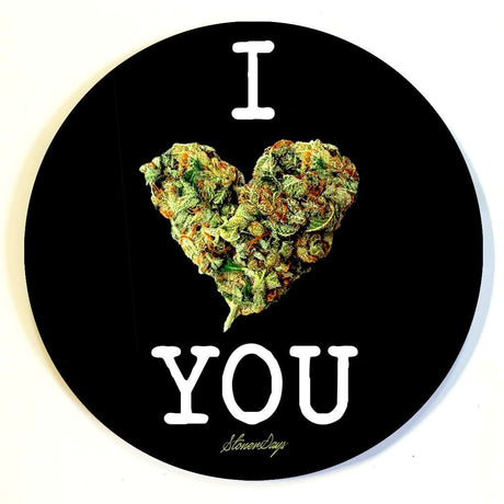 StonerDays 'I Bud You' round dab mat with heart-shaped herb design, 8" diameter, silicone material