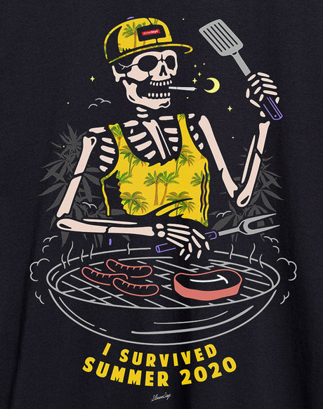 StonerDays Dab Mat with a skeleton grilling design, text "I Survived Summer 2020", 8" diameter