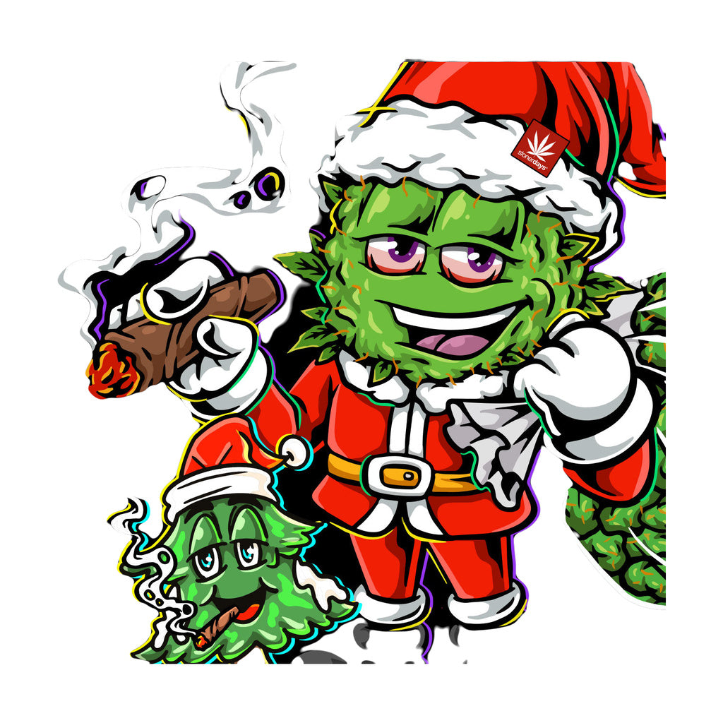 StonerDays Santa-themed cannabis character graphic on black background