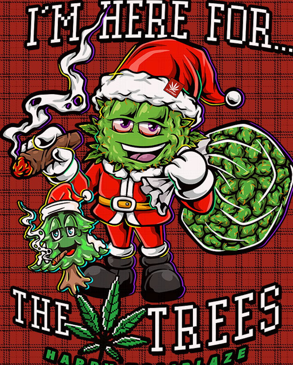 StonerDays 'I'm Here For The Trees' Dab Mat featuring festive cannabis-themed graphics, 1/4" thick