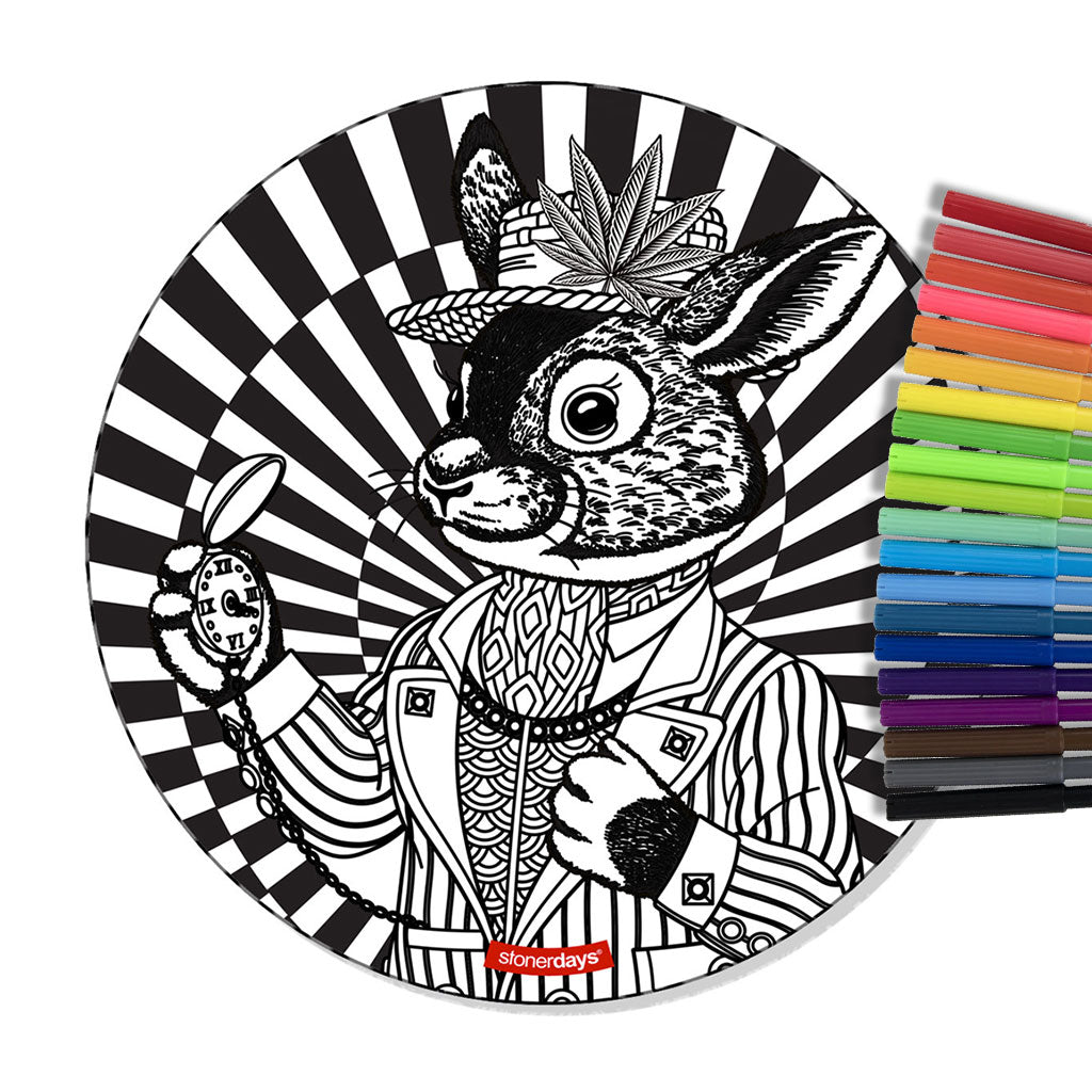 StonerDays Late Again Creativity Mat Set featuring psychedelic rabbit design, top view with colorful markers