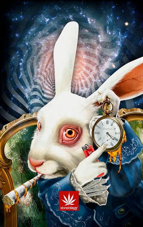StonerDays Late Again Dab Mat featuring a whimsical rabbit with a pocket watch, 8" round, polyester top