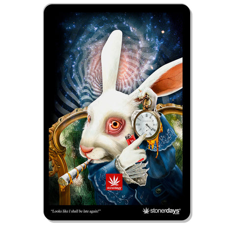 StonerDays Late Again Dab Mat featuring a whimsical rabbit with a clock, 8" polyester