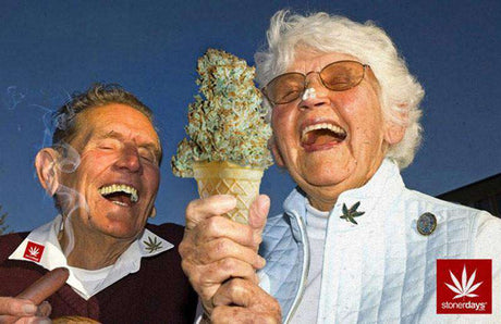 Elderly couple laughing with cannabis-themed ice cream cone, StonerDays hemp card design