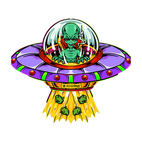 StonerDays Mac-1 Crop Top Hoodie design featuring an alien on a UFO with cannabis leaves