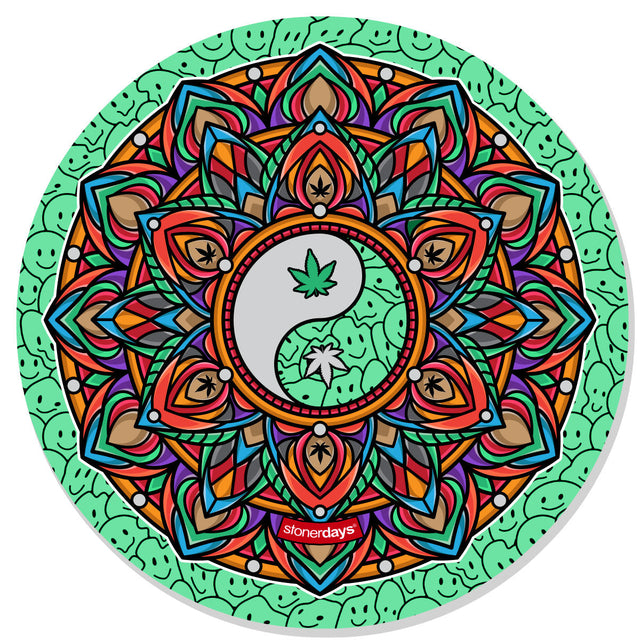 StonerDays Mandala #1 Dab Mat top view, vibrant polyester with rubber backing, 8" diameter
