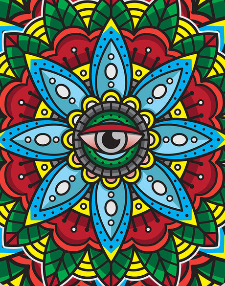 StonerDays Mandala #2 Dab Mat featuring vibrant eye design, 8" diameter, polyester top, non-slip rubber base.