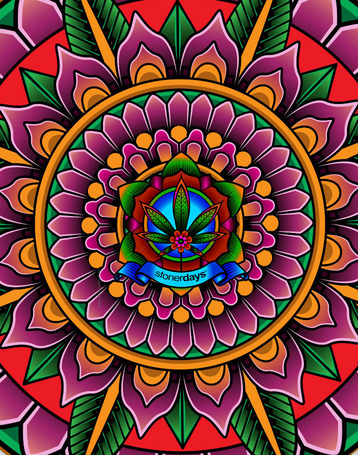 StonerDays Mandala #4 Dab Mat with vibrant psychedelic design, 8" diameter, perfect for bongs and concentrates.