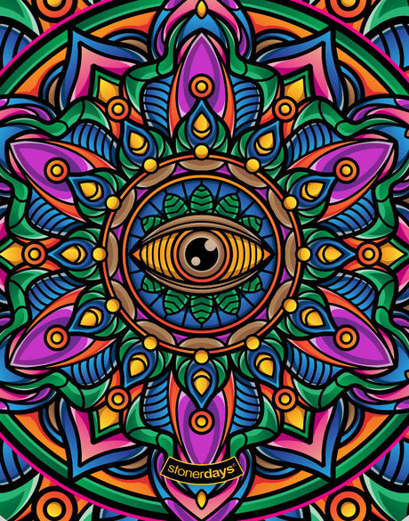 StonerDays Mandala #5 Dab Mat with vibrant psychedelic design and central eye motif, 8" diameter