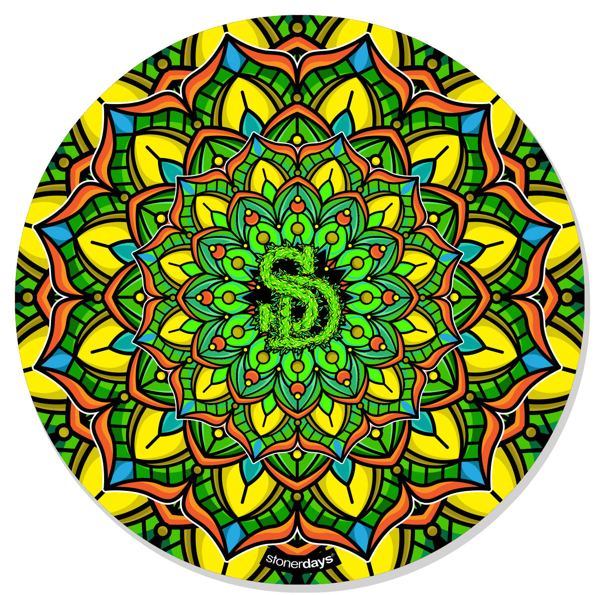 StonerDays Mandala #6 Dab Mat featuring a vibrant mandala design, 8" diameter, polyester and silicone material.
