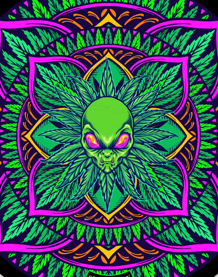 StonerDays Mandala #7 Dab Mat featuring vibrant psychedelic alien design, 8" diameter, perfect for bongs and concentrates.