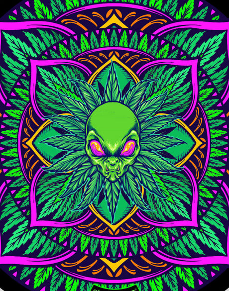 StonerDays Mandala #7 Dab Mat featuring vibrant psychedelic alien design, 8" diameter, perfect for bongs and concentrates.