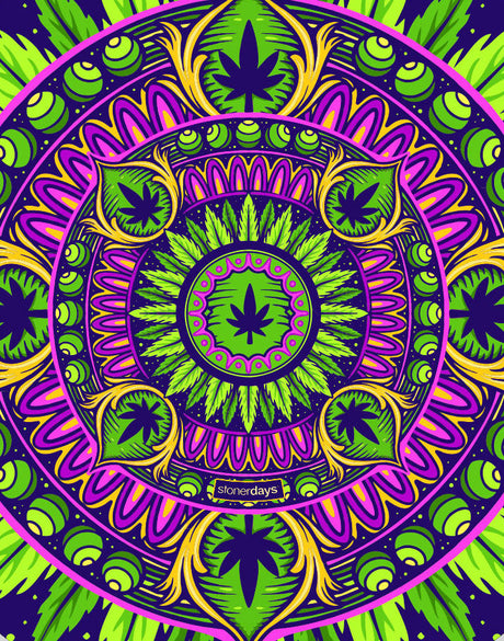 StonerDays Mandala #8 Dab Mat featuring vibrant psychedelic design, 8" diameter, perfect for bongs and concentrates