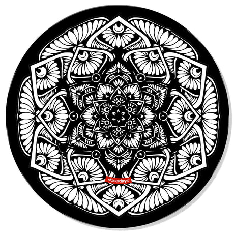 StonerDays Mandala Sunflower Creativity Mat in black and white, non-slip rubber base, perfect for concentrates