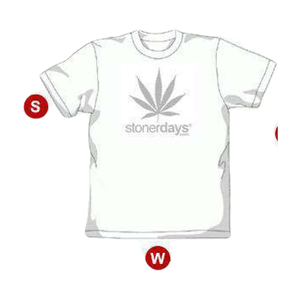 StonerDays Men's Groovy Vibes Tee in white with cannabis leaf design, size chart included