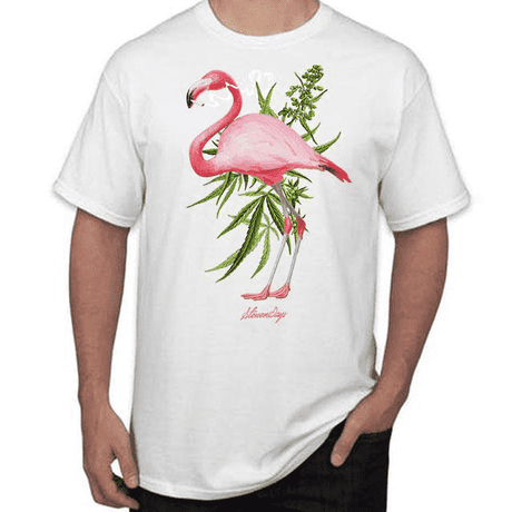 StonerDays Men's White Tee featuring Pink Flamingo Design, Soft Cotton Fabric, Front View