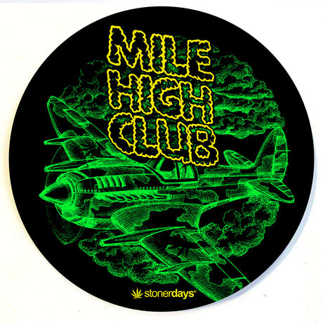 StonerDays Mile High Club green dab mat with airplane graphic, 8" diameter, top view