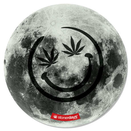 StonerDays Moon Dab Mat with cannabis leaves and smiley design, 8" diameter, polyester and rubber
