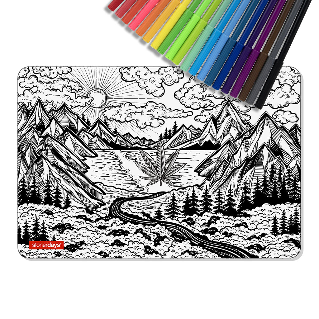 StonerDays Mountain Scapes Creativity Mat with colorful markers on top, perfect for concentrate sessions
