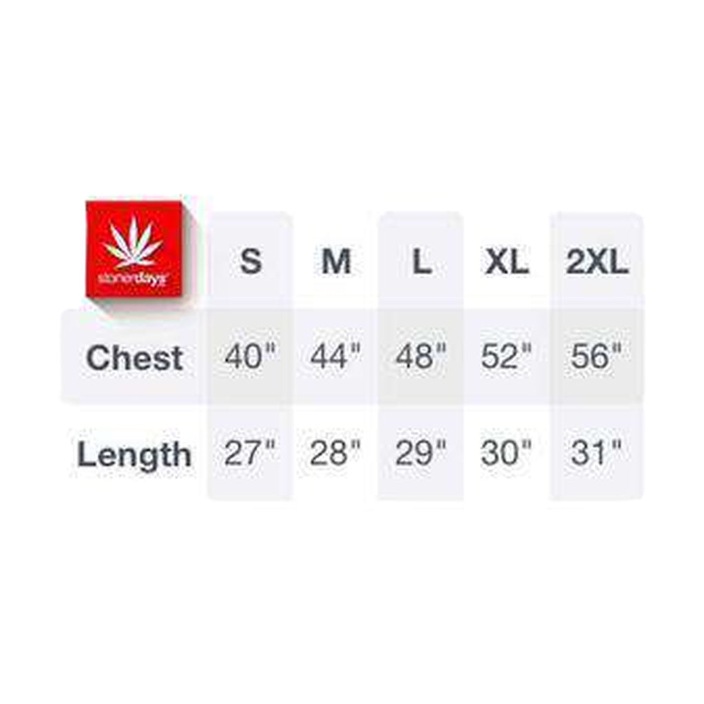StonerDays Nature Is Not A Crime Hoodie size chart, showing various sizes from S to 2XL.