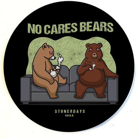 StonerDays No Cares Bears round dab mat with cartoon bears, polyester, 8" diameter, top view