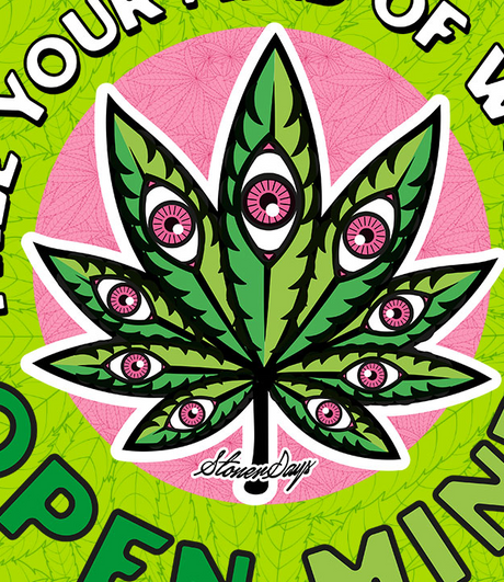 StonerDays Open Mind 8" Round Dab Mat with vibrant cannabis leaf design on green background