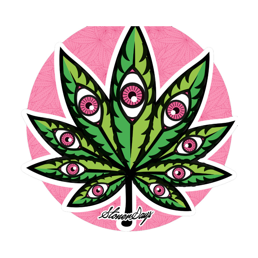 StonerDays Open Mind Long Sleeve design close-up with vibrant cannabis leaf and eyes