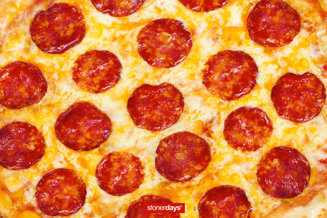 StonerDays Pizza Dab Mat with vibrant pepperoni print, 12" x 8" polyester top, rubber base