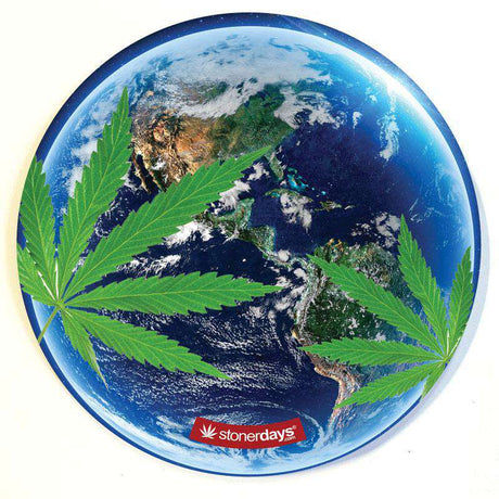 StonerDays Planet Earth Dab Pad with cannabis leaf design, 8" diameter silicone mat, top view