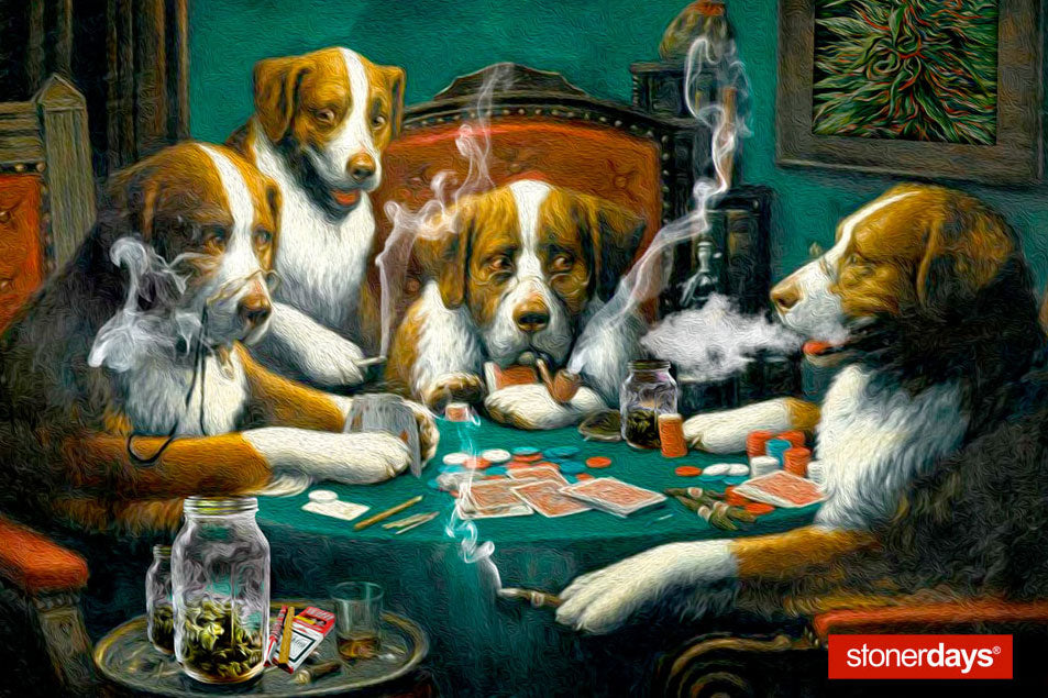 StonerDays Poker Night Dab Mat featuring dogs playing cards and smoking, with a polyester surface and rubber base
